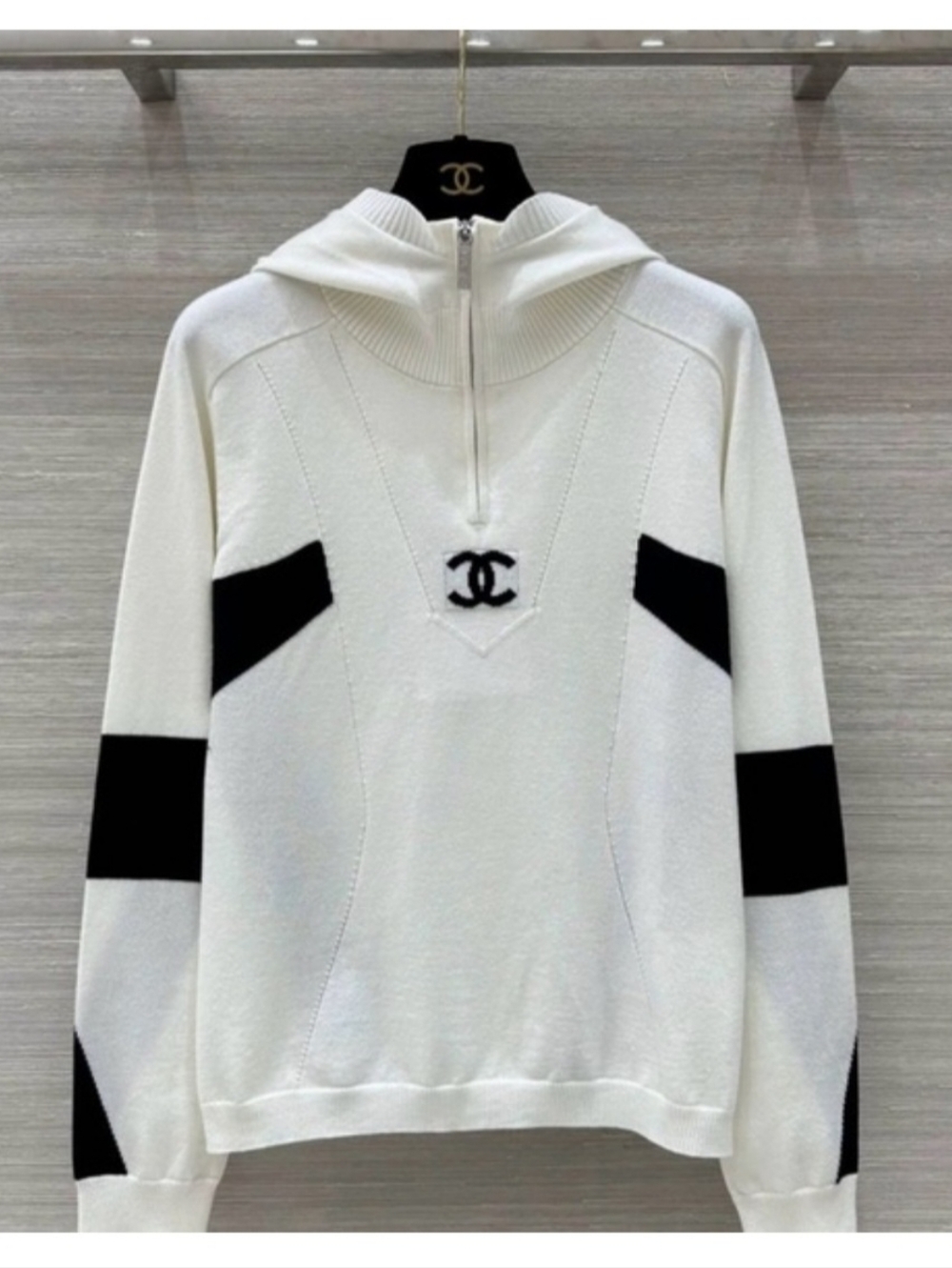 CHANEL White and Black Hooded Sweater